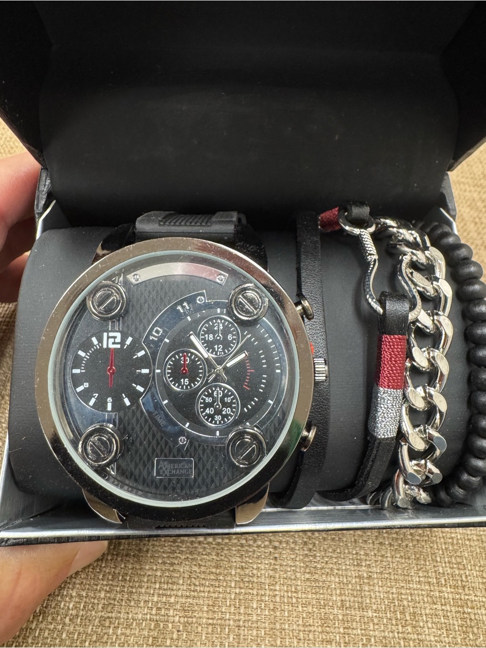 American Exchange Men's 4-Piece Watch & Bracelet Set Metal/Faux Leather Black
